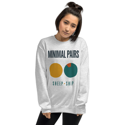 Minimal Pairs speech therapy crewneck sweatshirt — Ash, on model