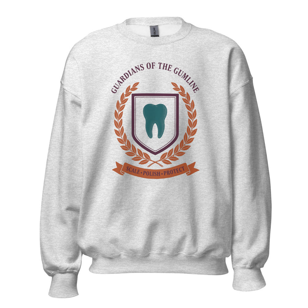 Guardians of the Gumline dental hygienist crewneck sweatshirt — Ash, front