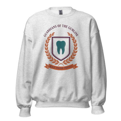 Guardians of the Gumline dental hygienist crewneck sweatshirt — Ash, front