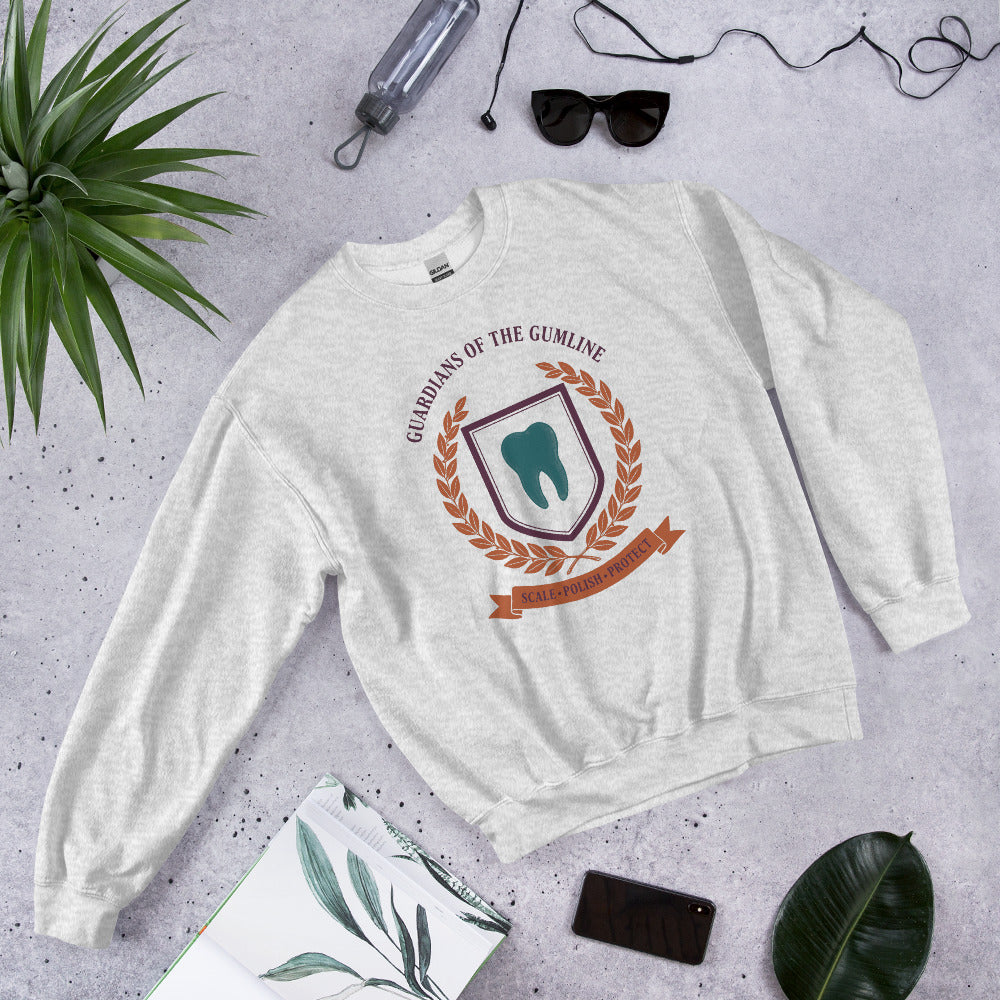 Guardians of the Gumline dental hygienist crewneck sweatshirt — Ash, front-right