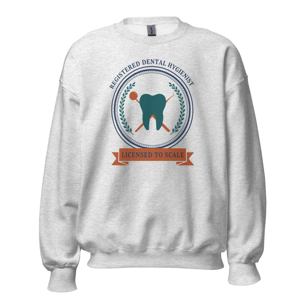 Licensed to Scale registered dental hygienist crewneck sweatshirt — Ash, front