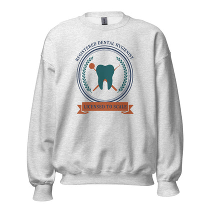 Licensed to Scale registered dental hygienist crewneck sweatshirt — Ash, front