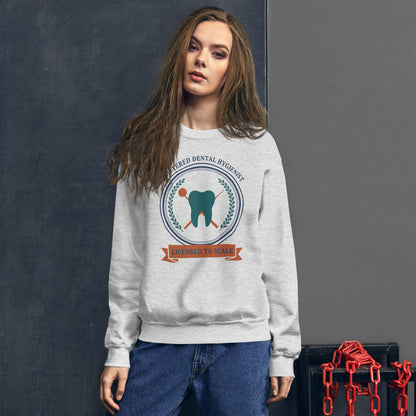 Licensed to Scale registered dental hygienist crewneck sweatshirt — Ash, on model