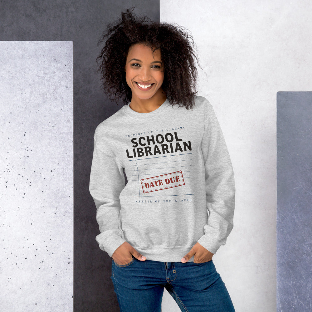 Property of the School Library card catalog school librarian crewneck sweatshirt — Ash, on model