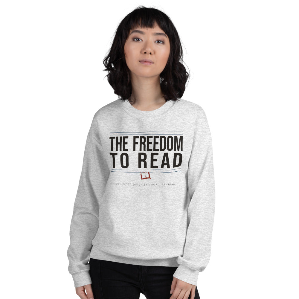 The Freedom to Read school librarian crewneck sweatshirt — Ash, on model