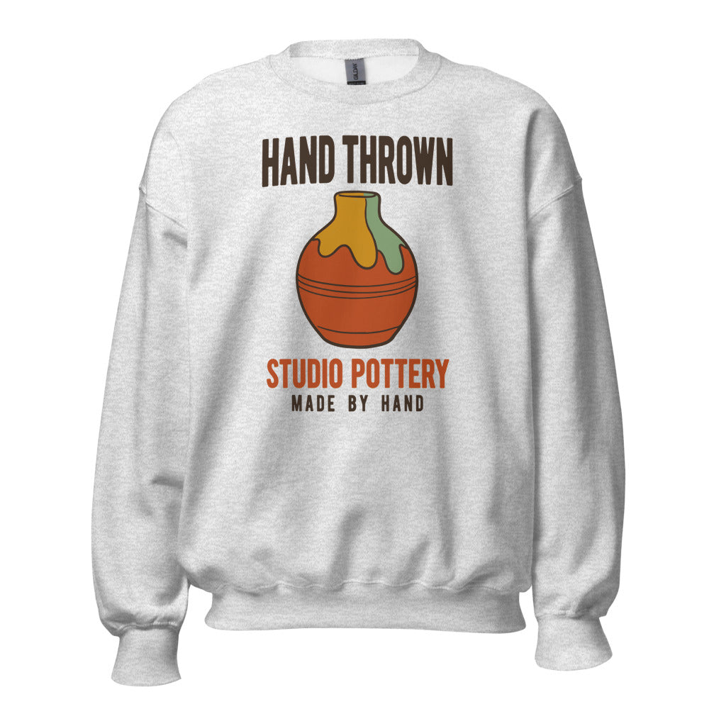 Hand Thrown Studio Pottery retro poster crewneck sweatshirt — Ash, front