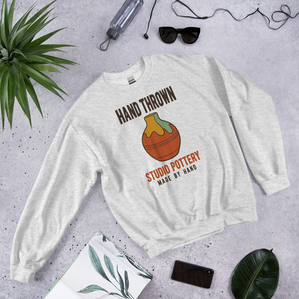 Hand Thrown Studio Pottery retro poster crewneck sweatshirt — Ash, front-right