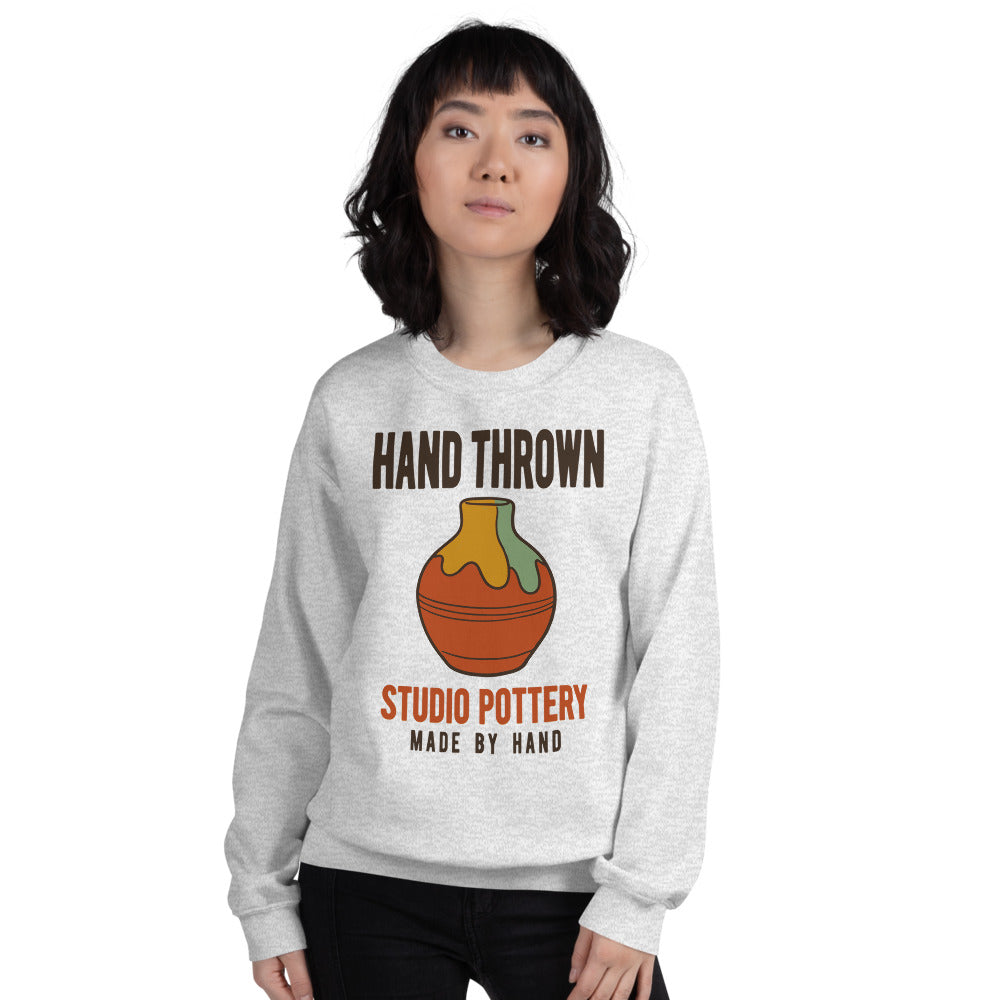 Hand Thrown Studio Pottery retro poster crewneck sweatshirt — Ash, on model
