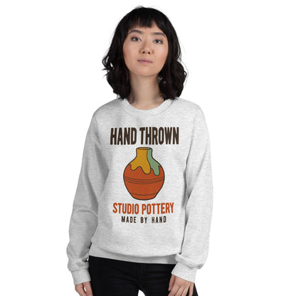 Hand Thrown Studio Pottery retro poster crewneck sweatshirt — Ash, on model
