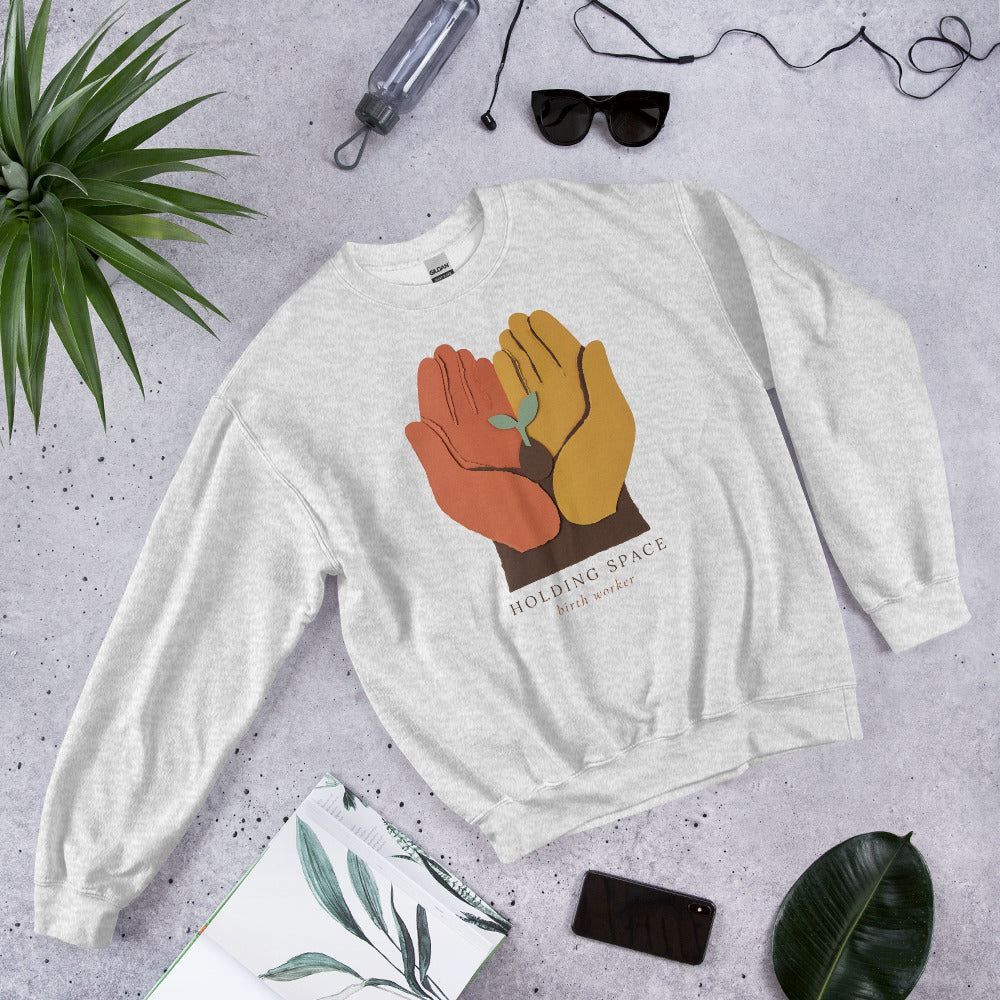 Holding Space birth worker crewneck sweatshirt — Ash, front-right