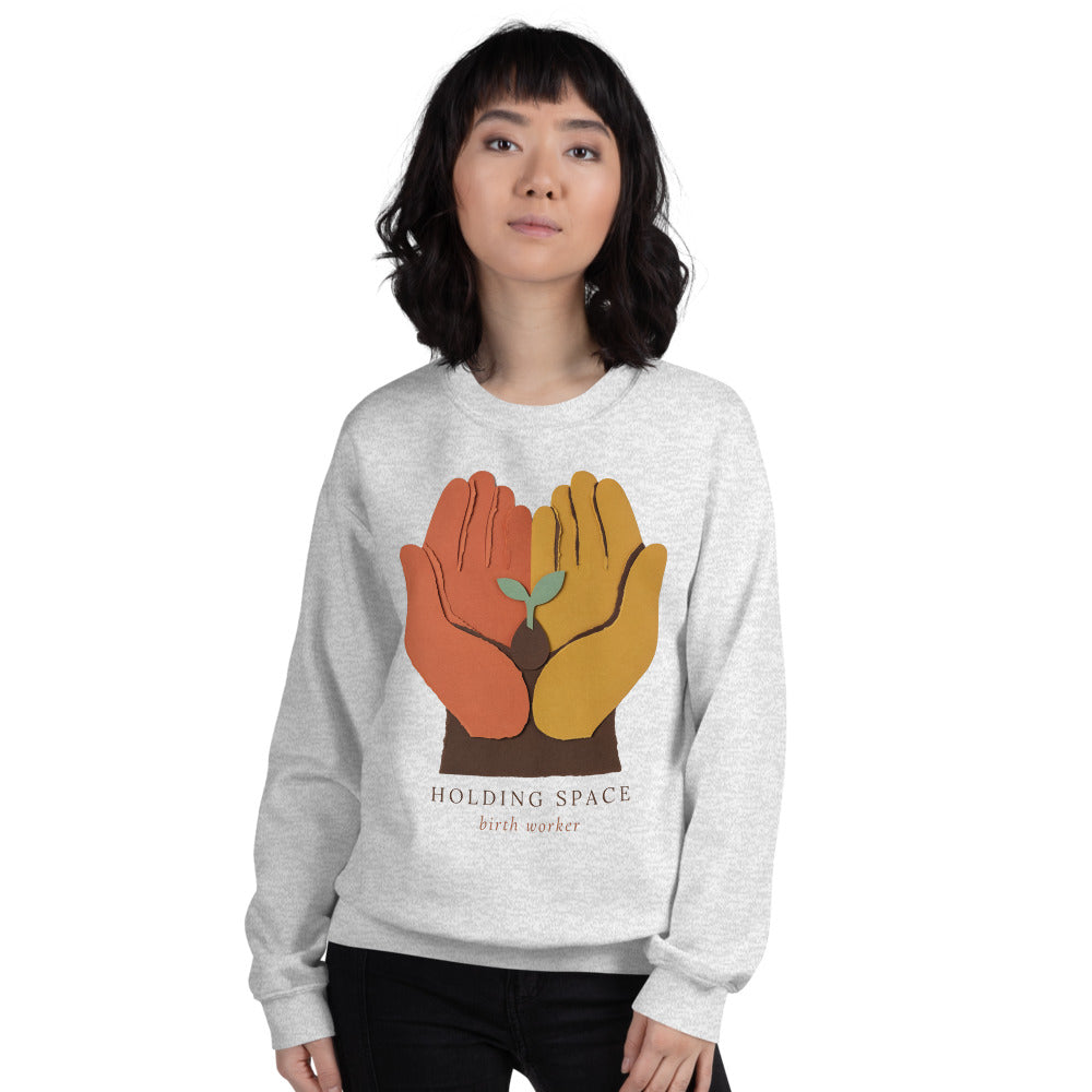 Holding Space birth worker crewneck sweatshirt — Ash, on model