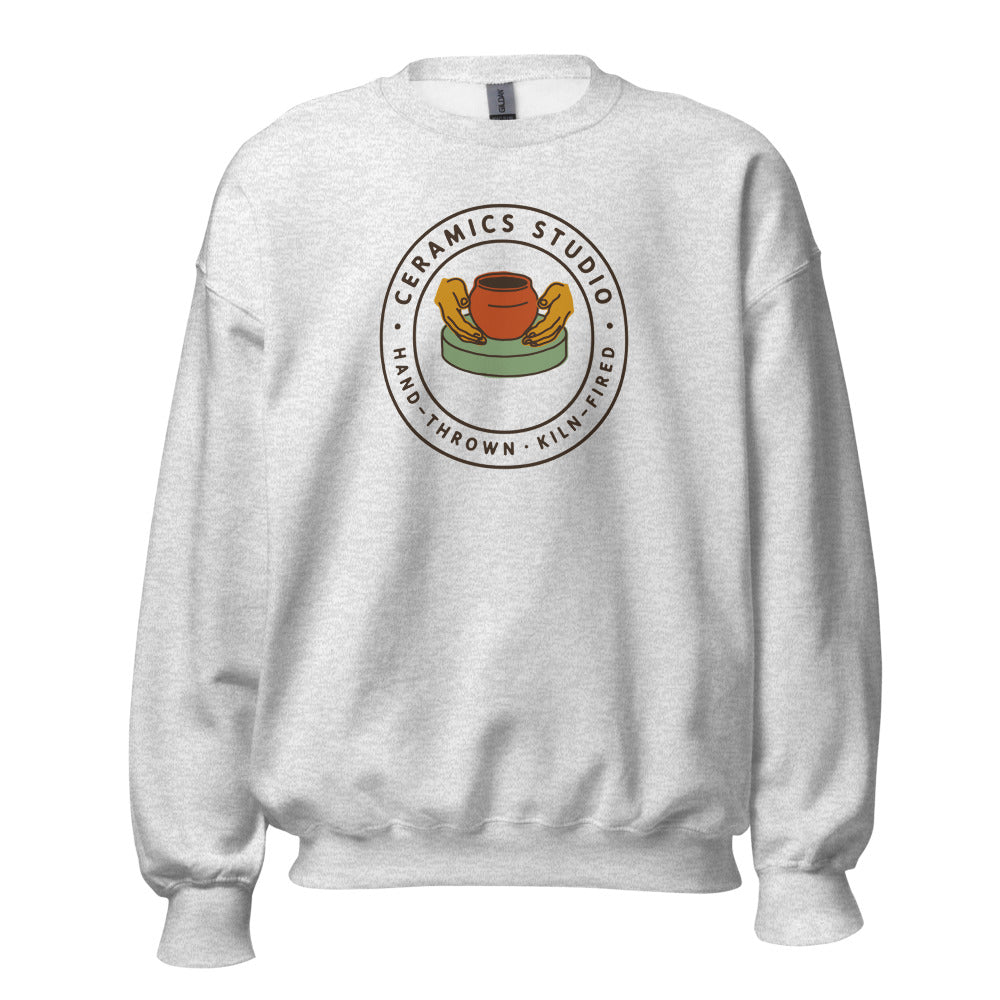 Ceramics Studio Badge hand-thrown pottery crewneck sweatshirt — Ash, front
