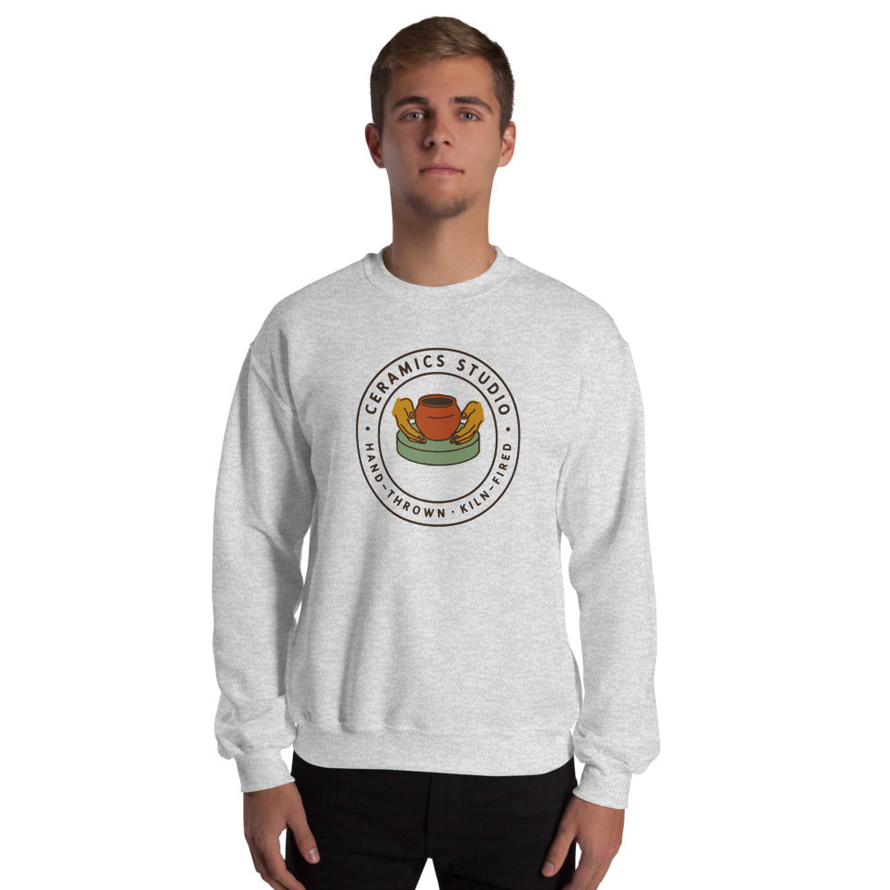 Ceramics Studio Badge hand-thrown pottery crewneck sweatshirt — Ash, on model
