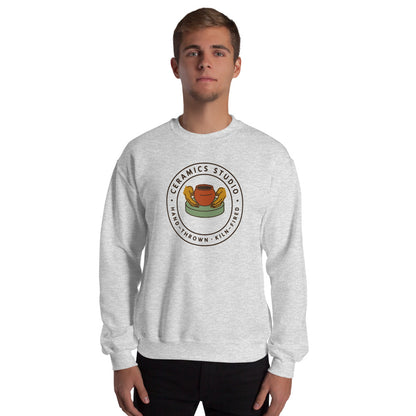 Ceramics Studio Badge hand-thrown pottery crewneck sweatshirt — Ash, on model