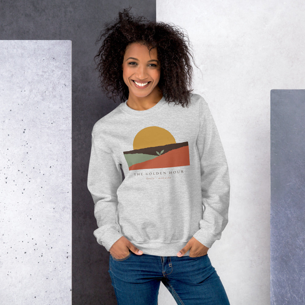 The Golden Hour birth worker crewneck sweatshirt — Ash, on model