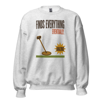 Finds Everything Eventually retro metal detecting crewneck sweatshirt — Ash, front