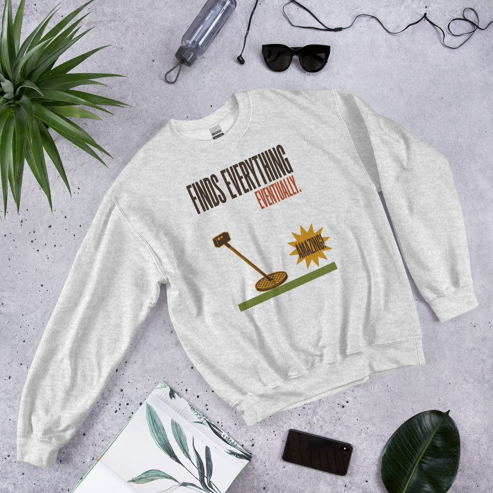 Finds Everything Eventually retro metal detecting crewneck sweatshirt — Ash, flat lay