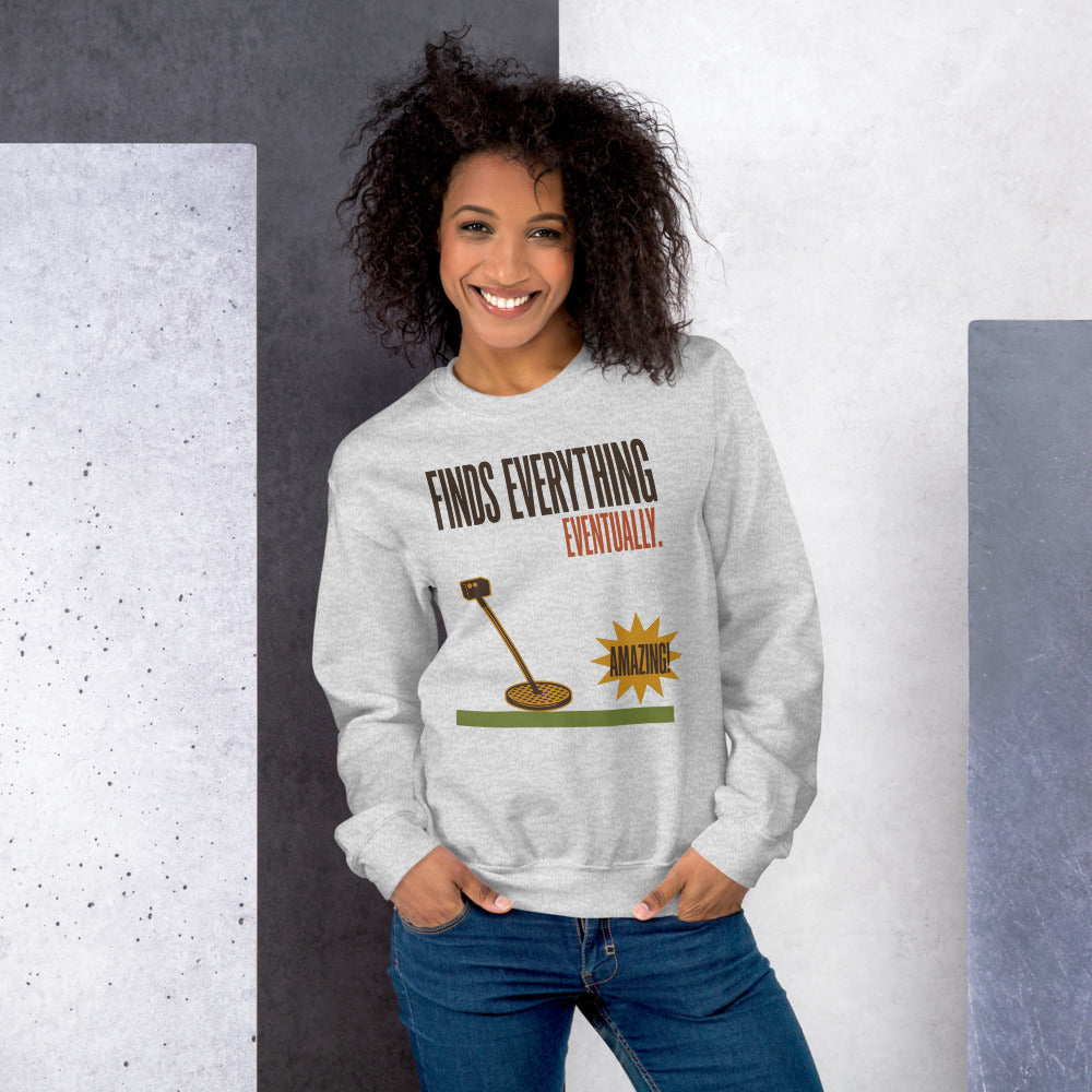 Finds Everything Eventually retro metal detecting crewneck sweatshirt — Ash, on model