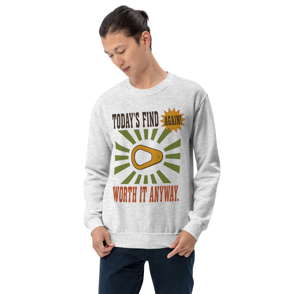 Today's Find pull tab retro metal detecting crewneck sweatshirt — Ash, on model
