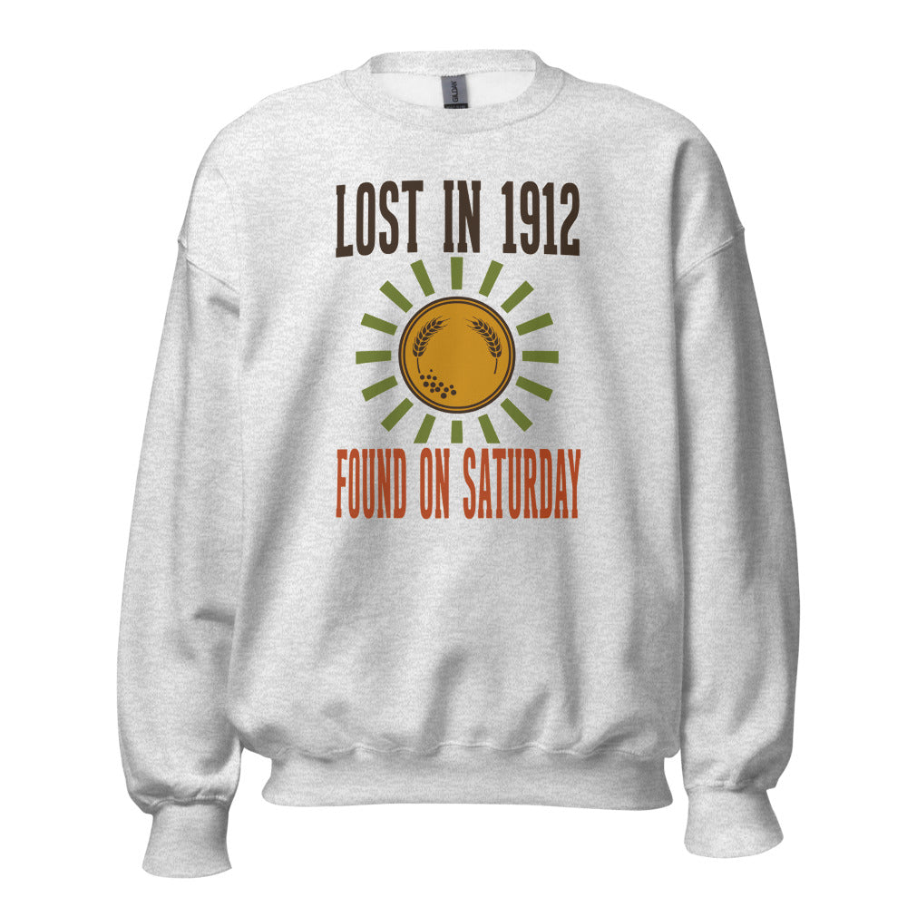Lost in 1912 Found on Saturday retro metal detecting crewneck sweatshirt — Ash, front