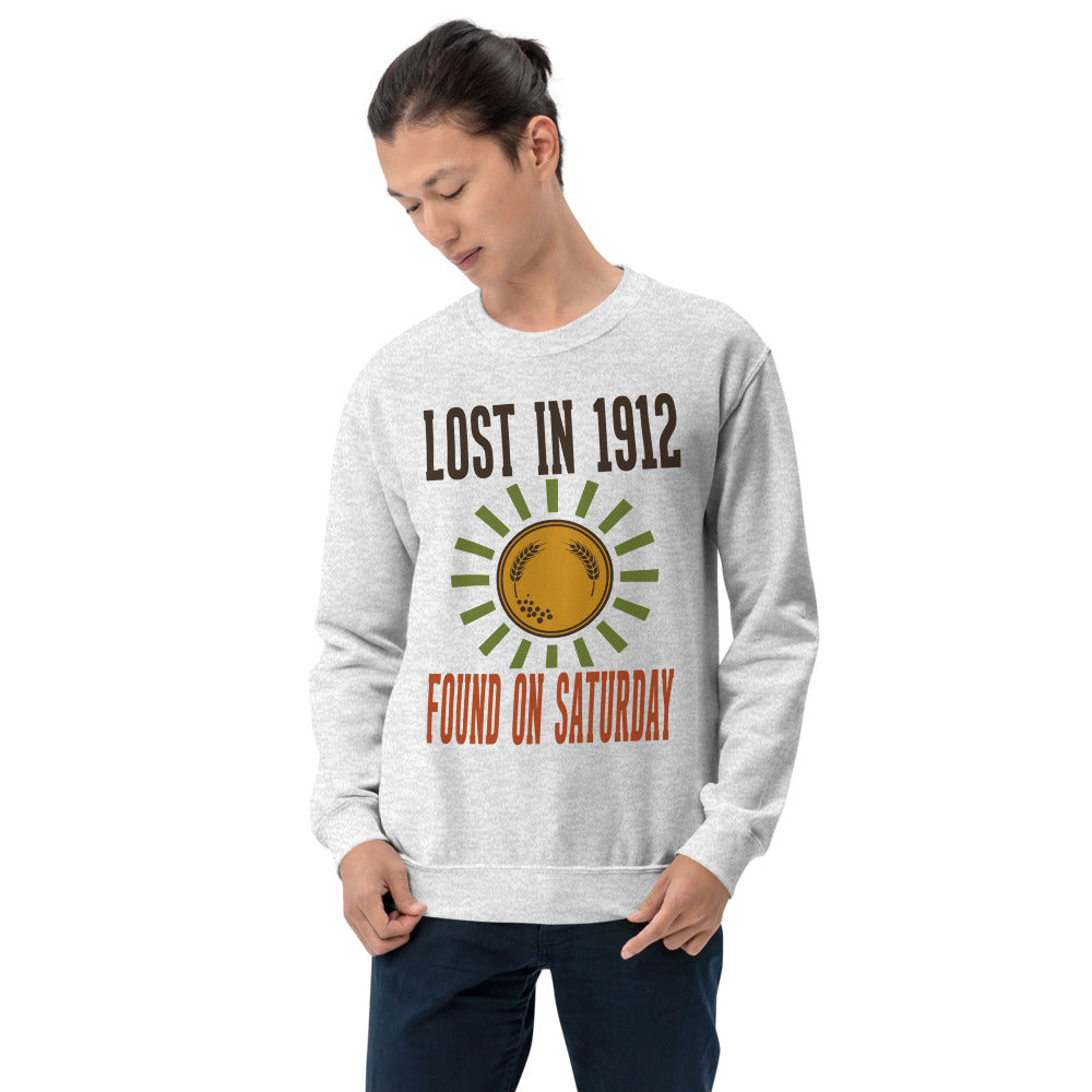 Lost in 1912 Found on Saturday retro metal detecting crewneck sweatshirt — Ash, on model
