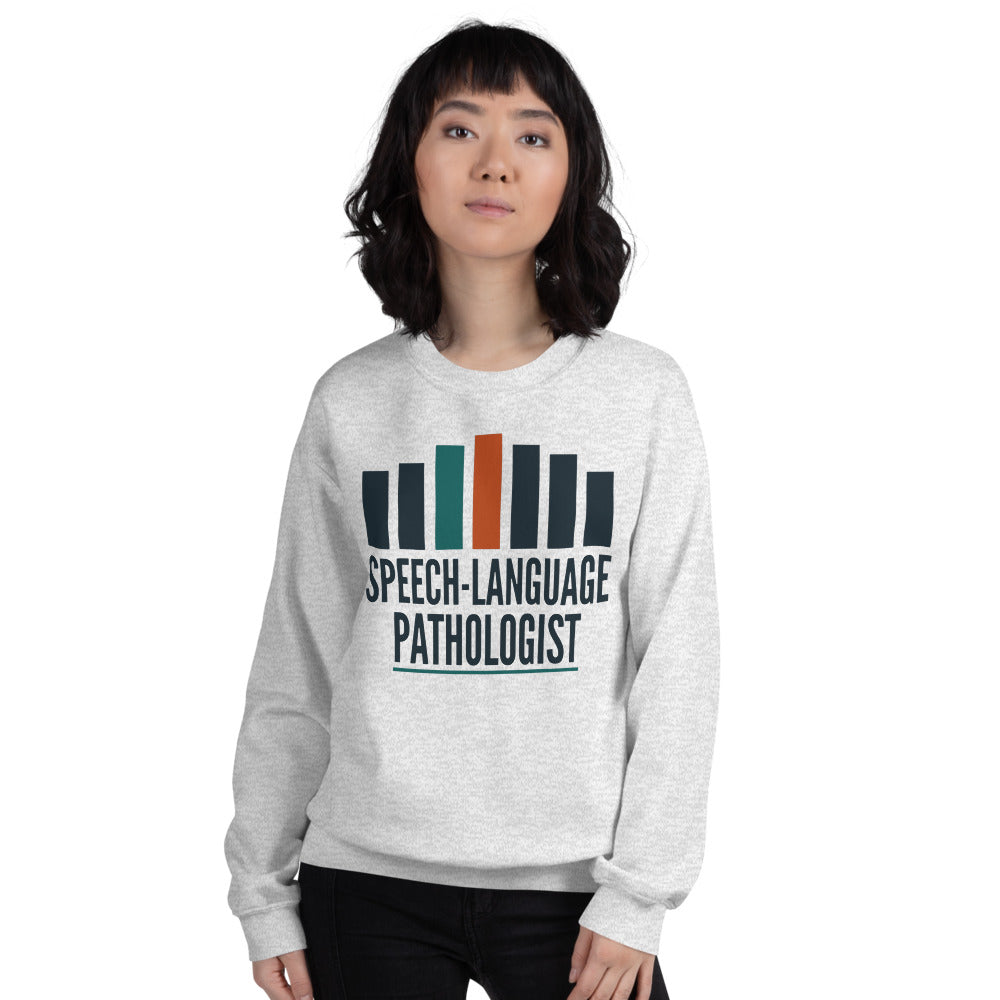 Mid-Century Clinic speech therapy crewneck sweatshirt — Ash, on model