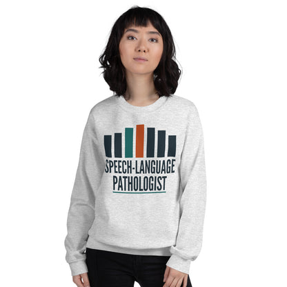 Mid-Century Clinic speech therapy crewneck sweatshirt — Ash, on model