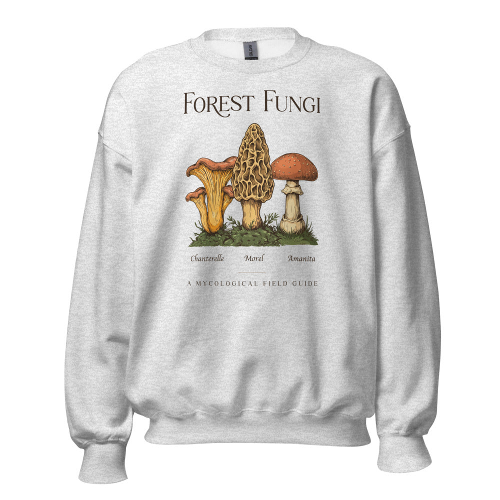 Forest Fungi vintage mushroom field guide crewneck — Ash, front