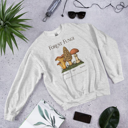 Forest Fungi vintage mushroom field guide crewneck — Ash, flat lay