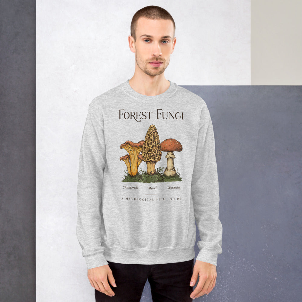 Forest Fungi vintage mushroom field guide crewneck — Ash, on model