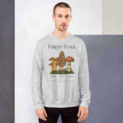 Forest Fungi vintage mushroom field guide crewneck — Ash, on model