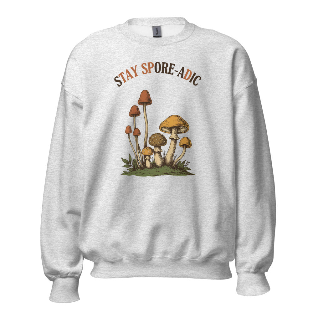 Stay Spore-adic funny vintage mushroom crewneck — Ash, front