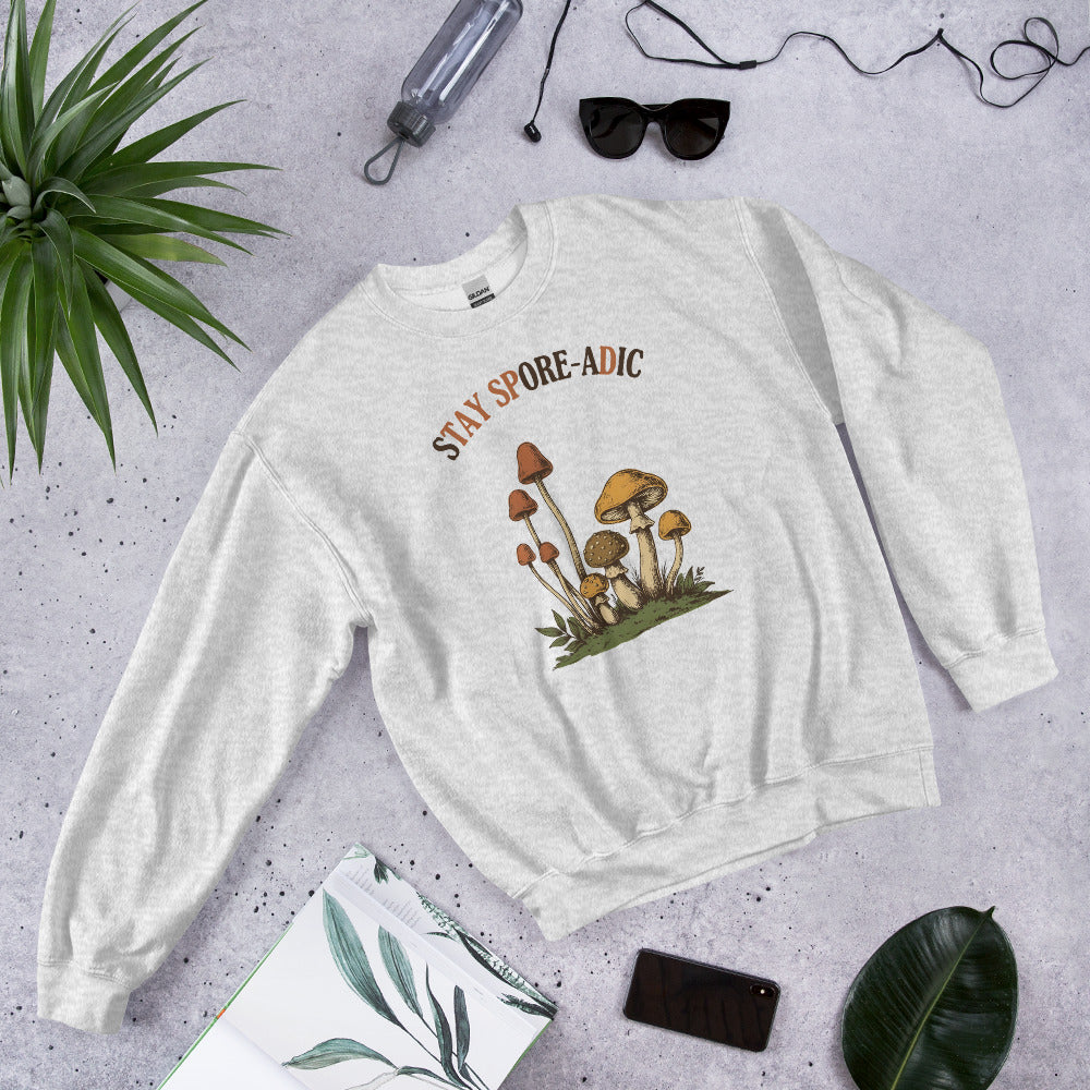 Stay Spore-adic funny vintage mushroom crewneck — Ash, flat lay