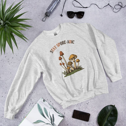 Stay Spore-adic funny vintage mushroom crewneck — Ash, flat lay