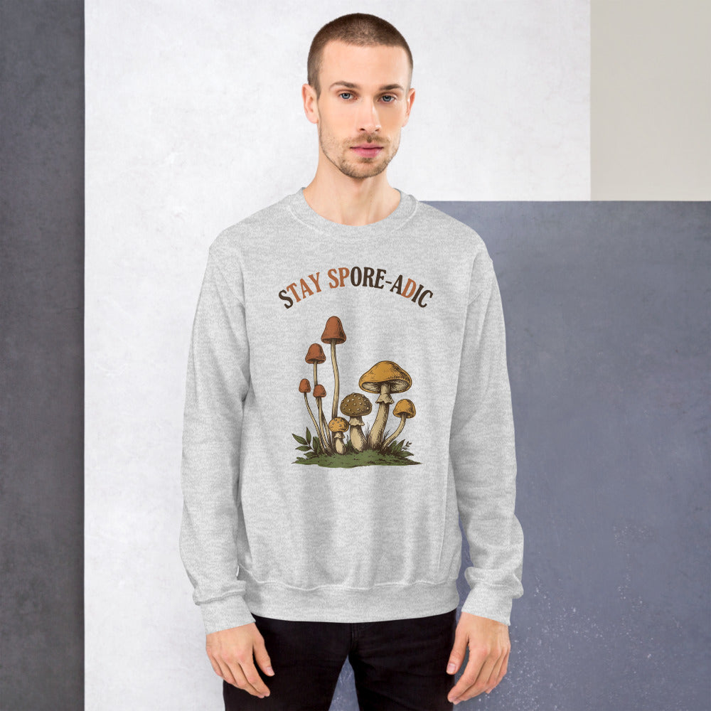 Stay Spore-adic funny vintage mushroom crewneck — Ash, on model