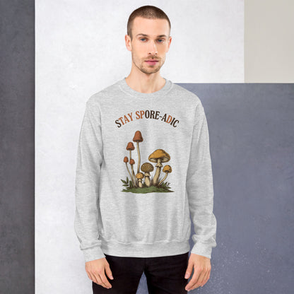 Stay Spore-adic funny vintage mushroom crewneck — Ash, on model