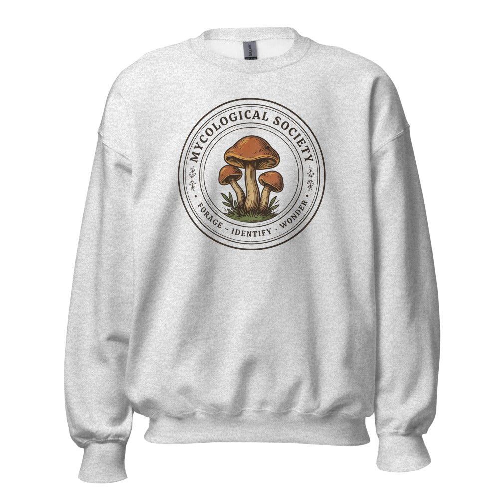 Mushroom Foraging Mycological Society vintage botanical crewneck — Ash, front