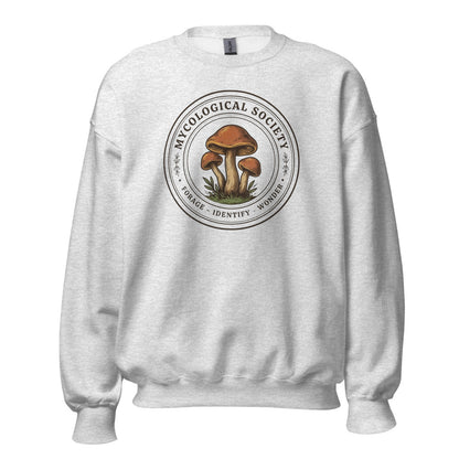 Mushroom Foraging Mycological Society vintage botanical crewneck — Ash, front