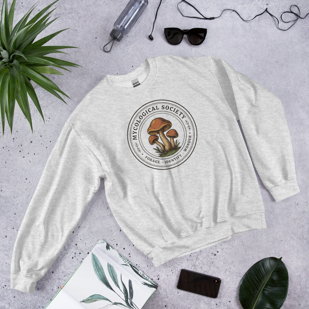 Mushroom Foraging Mycological Society vintage botanical crewneck — Ash, flat lay