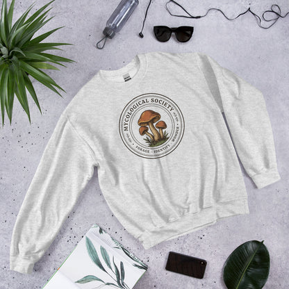 Mushroom Foraging Mycological Society vintage botanical crewneck — Ash, flat lay