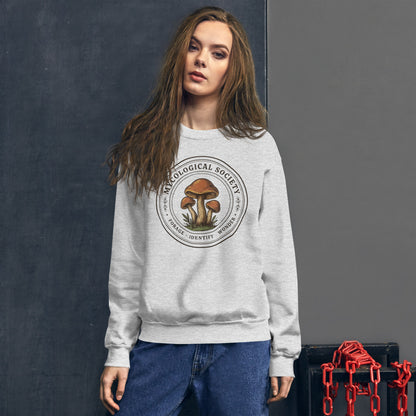 Mushroom Foraging Mycological Society vintage botanical crewneck — Ash, on model