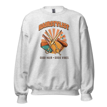 Retro Salon Hairstylist good hair good vibes crewneck — Ash, front