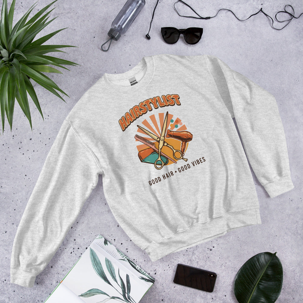 Retro Salon Hairstylist good hair good vibes crewneck — Ash, flat lay