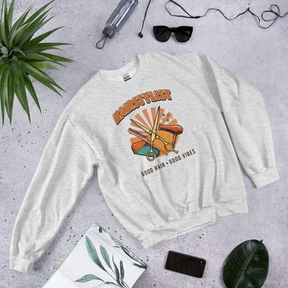 Retro Salon Hairstylist good hair good vibes crewneck — Ash, flat lay