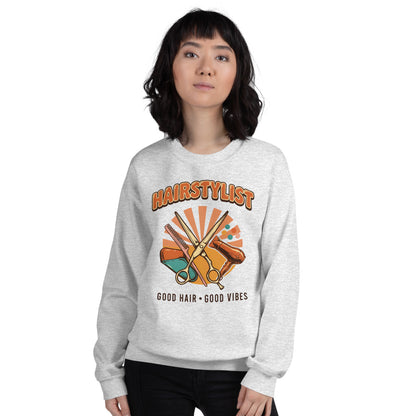 Retro Salon Hairstylist good hair good vibes crewneck — Ash, on model