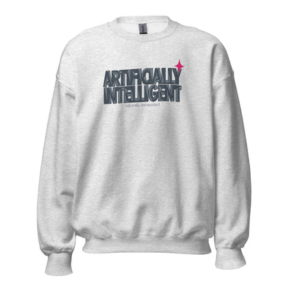 Artificially Intelligent funny AI crewneck sweatshirt — Ash, front