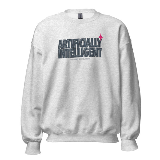 Artificially Intelligent funny AI crewneck sweatshirt — Ash, front