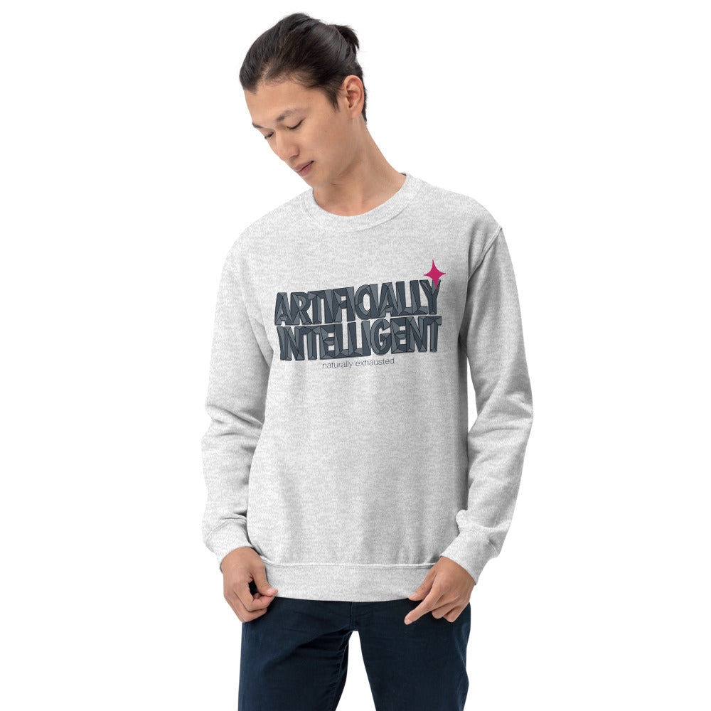 Artificially Intelligent funny AI crewneck sweatshirt — Ash, on model