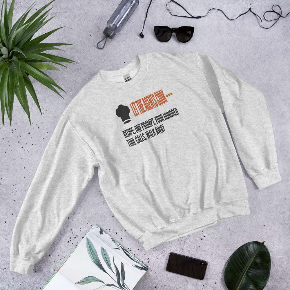 Let The Agents Cook crewneck sweatshirt — Ash, flat lay