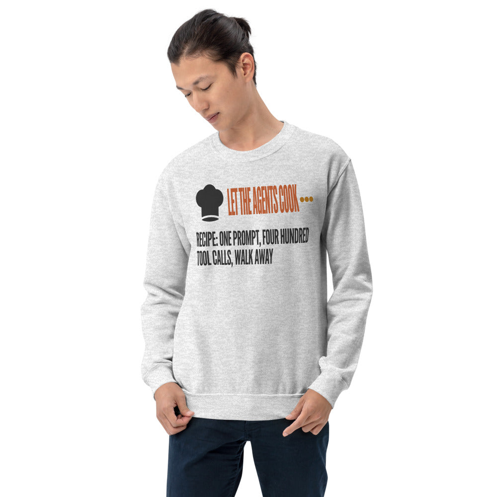 Let The Agents Cook crewneck sweatshirt — Ash, on model